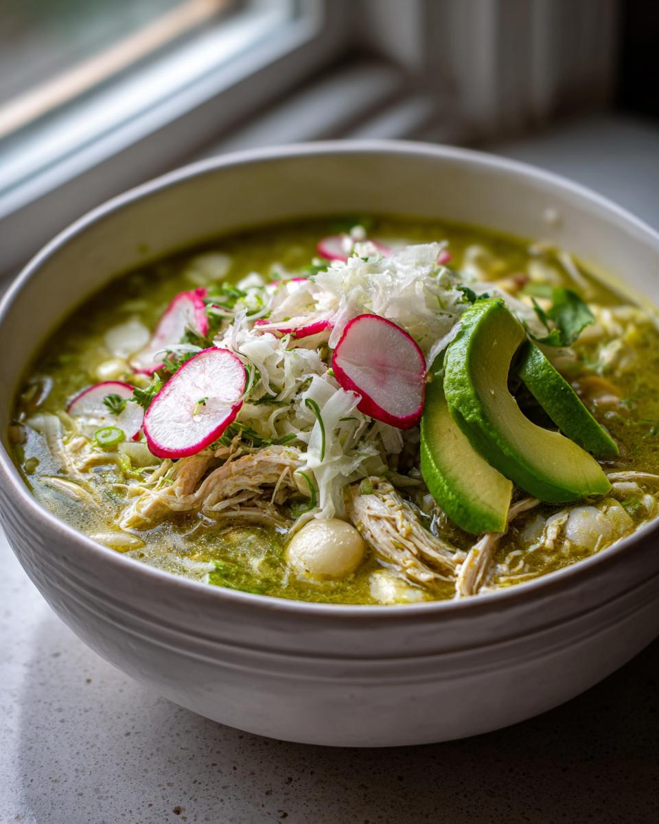 A close-up of a bowl of green chicken pozole soup topped with shredded cabbage, radishes, avocado, and hominy.