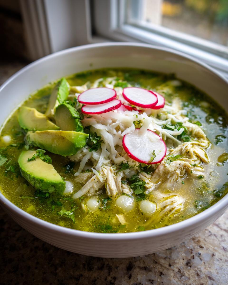 Close-up of a vibrant bowl of green chicken pozole, topped with avocado, shredded cheese, and sliced radishes.