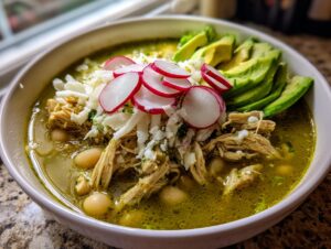Close-up of a bowl of green chicken pozole featuring shredded chicken, hominy, topped with radishes, cheese, and avocado slices.