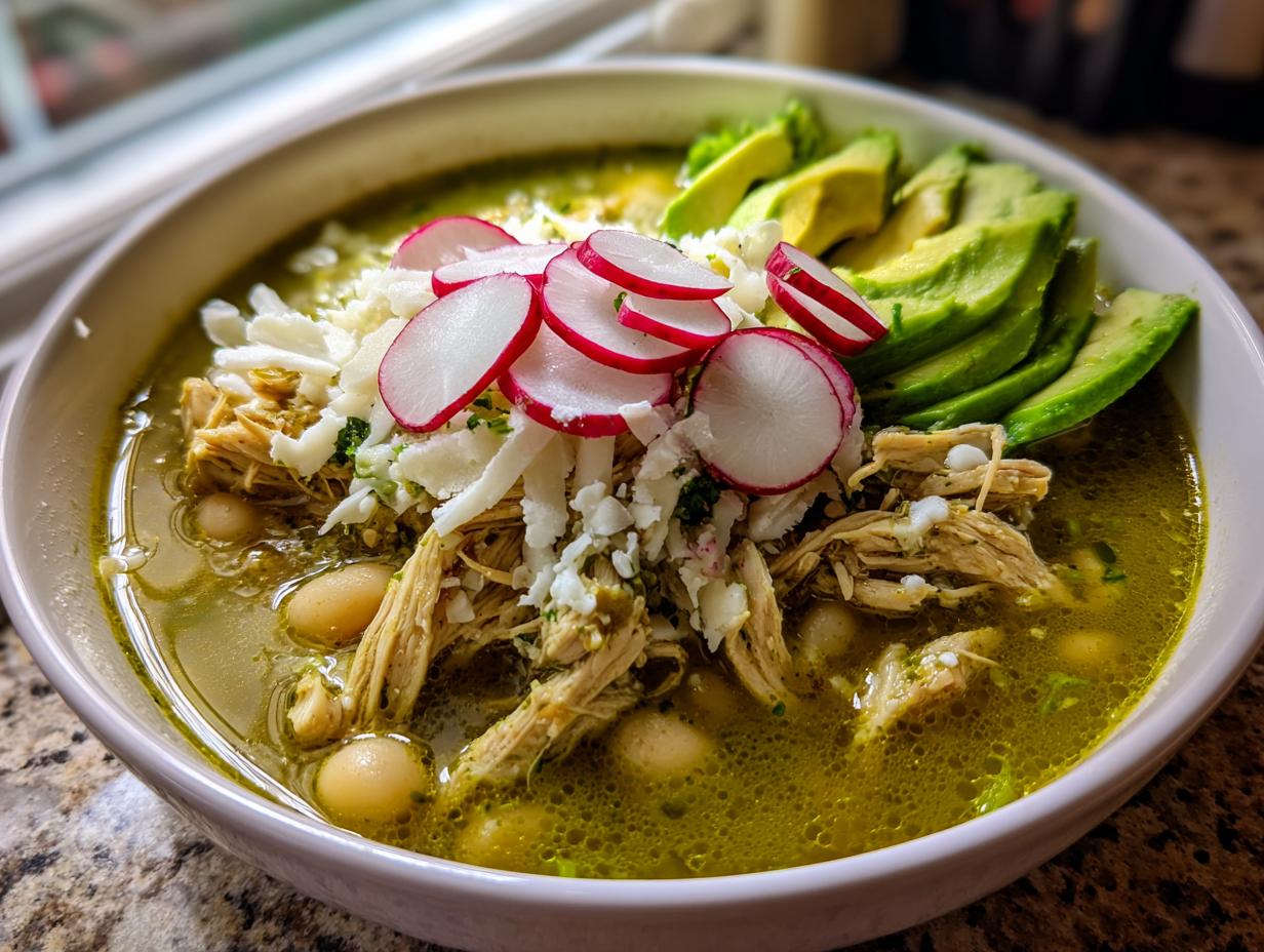 Close-up of a bowl of green chicken pozole featuring shredded chicken, hominy, topped with radishes, cheese, and avocado slices.
