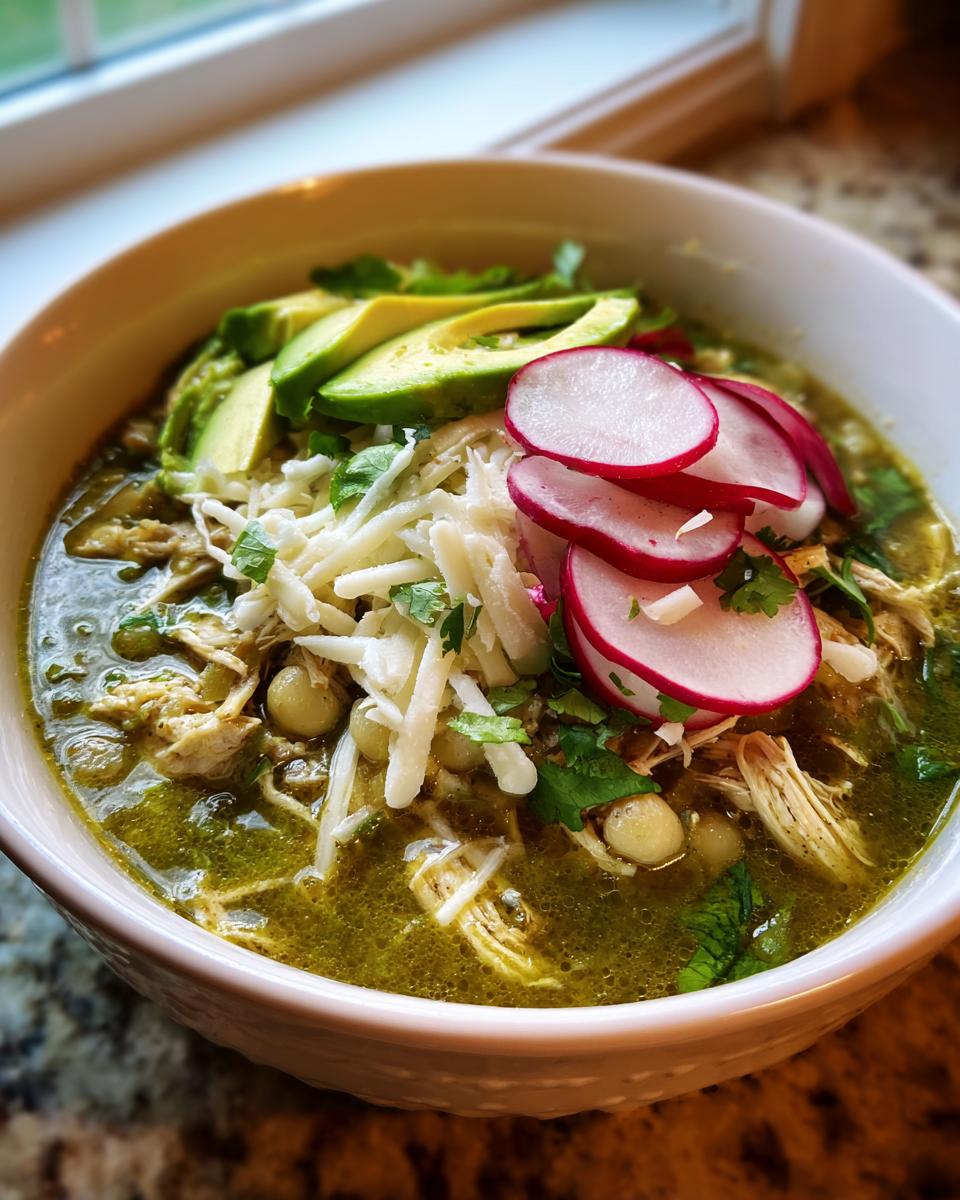 A close-up of a rich green chicken pozole bowl topped with shredded cheese, avocado slices, radishes, and cilantro.