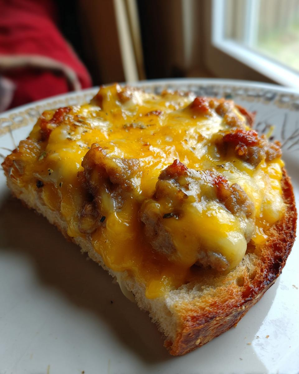 Close-up of a piece of toast topped with savory meat mixture and melted cheddar cheese, ready to eat as a hanky panky recipe appetizer.