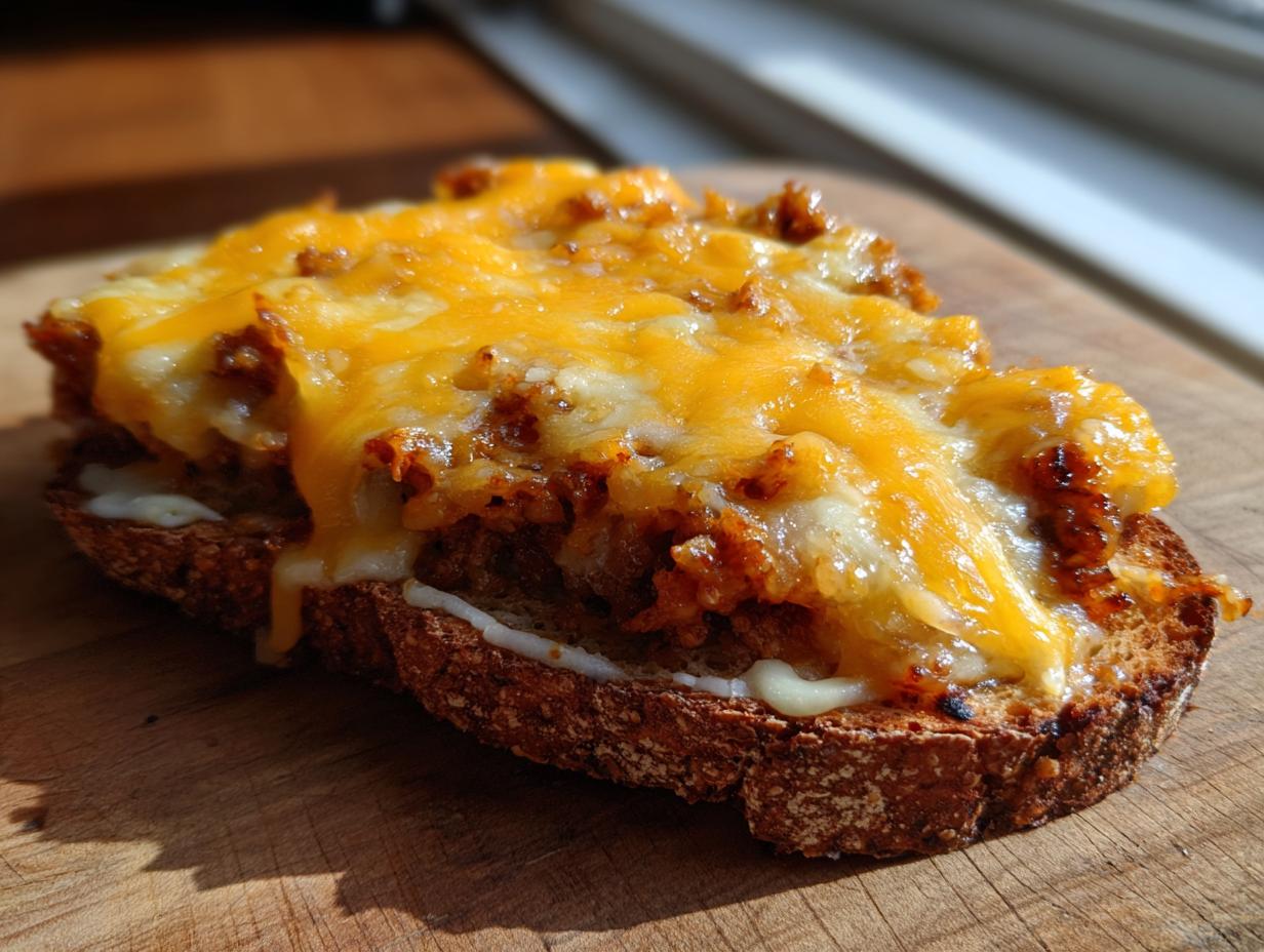Close-up of a slice of toasted bread topped with savory meat mixture and melted cheddar cheese, representing the hanky panky recipe.