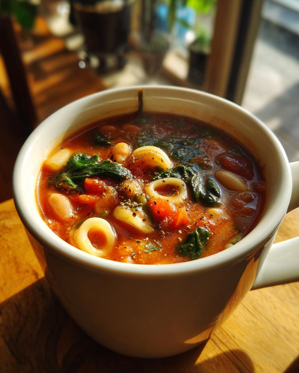 Close-up of a white mug filled with rich, tomato-based minestrone soup, featuring pasta, beans, spinach, and carrots.