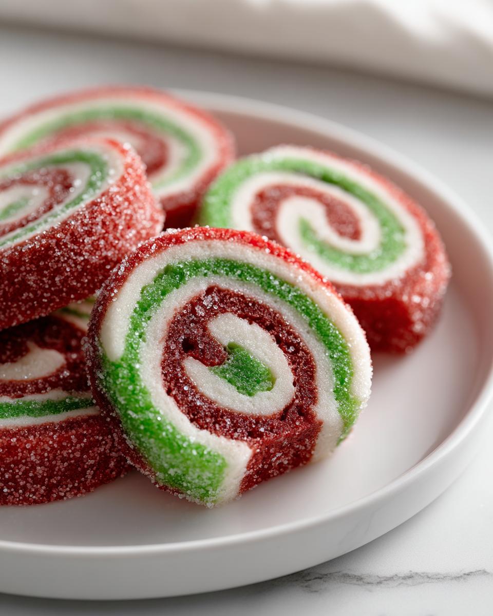 Close-up of several festive red, white, and green pinwheel cookies coated in sparkling sugar.