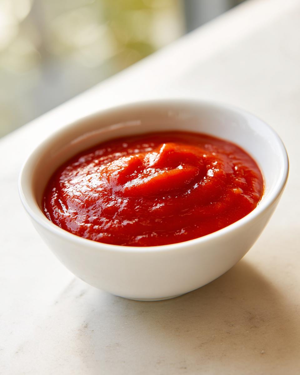 A small white bowl filled with vibrant red homemade cocktail sauce, ready for serving.