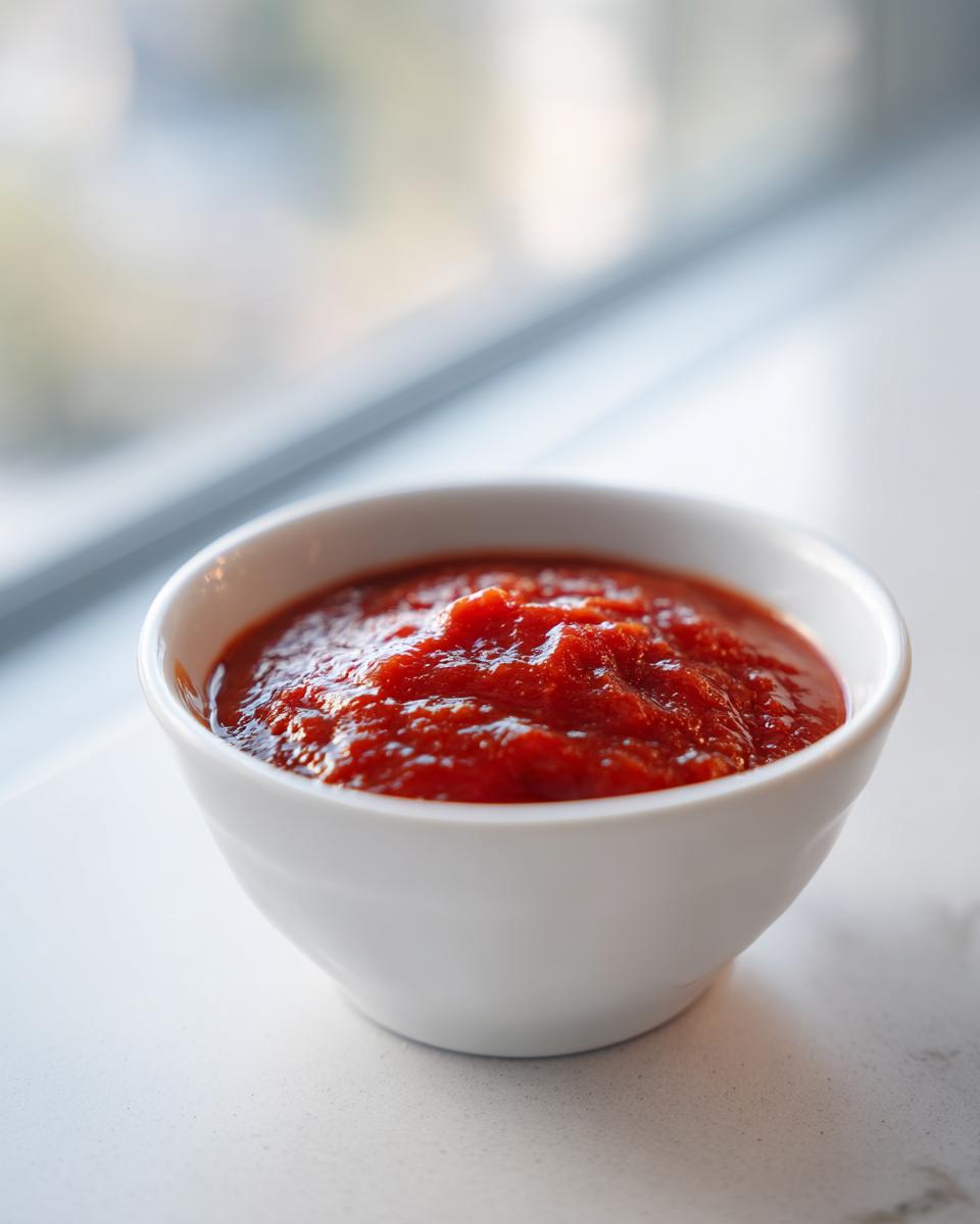 Close-up of a small white bowl filled with vibrant red homemade cocktail sauce.