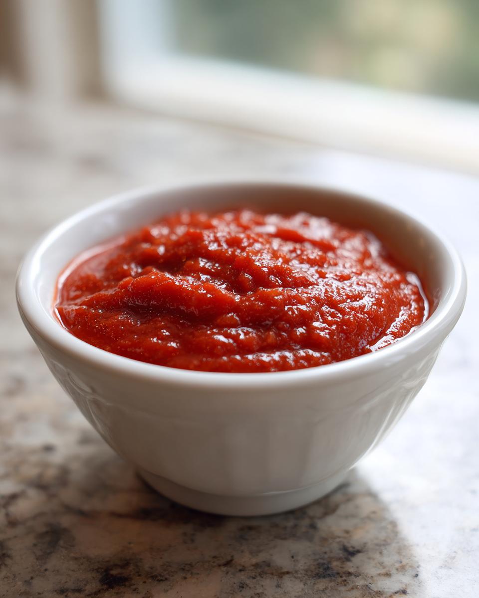 A small white bowl filled with vibrant red homemade cocktail sauce sitting on a granite countertop.