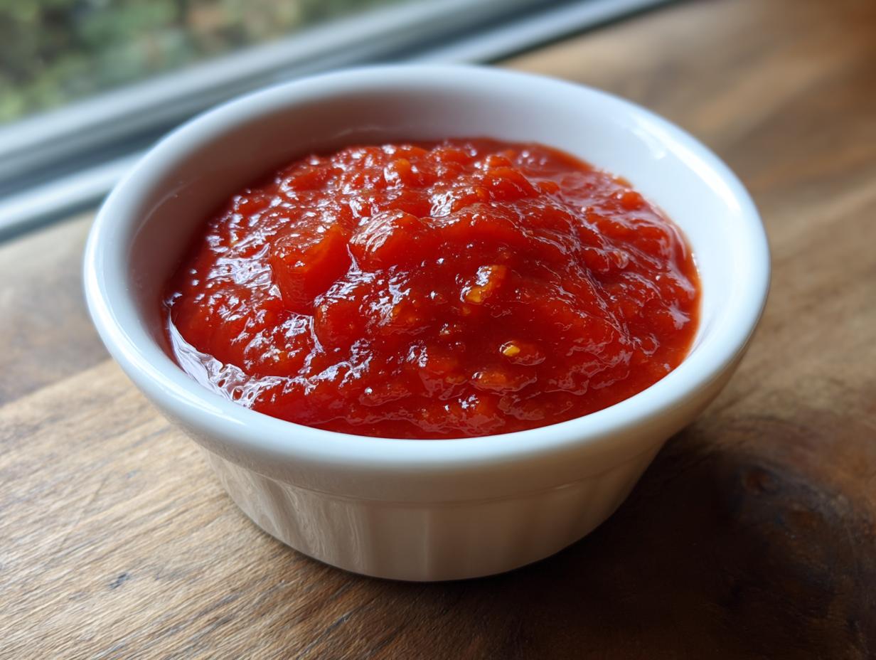 Close-up of vibrant red homemade cocktail sauce filling a small white ramekin on a wooden surface.