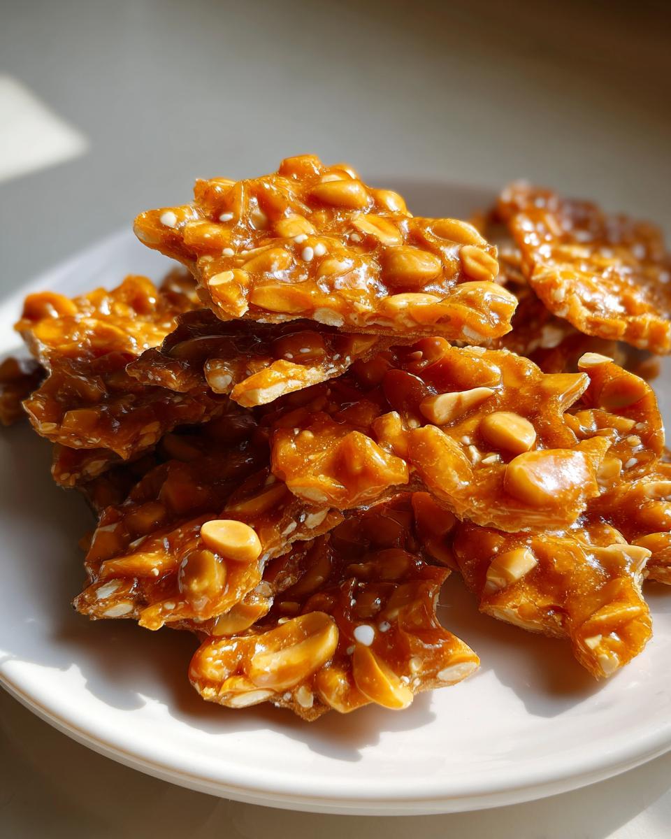 A close-up stack of golden, glossy pieces of homemade peanut brittle recipe, featuring whole peanuts and sesame seeds.