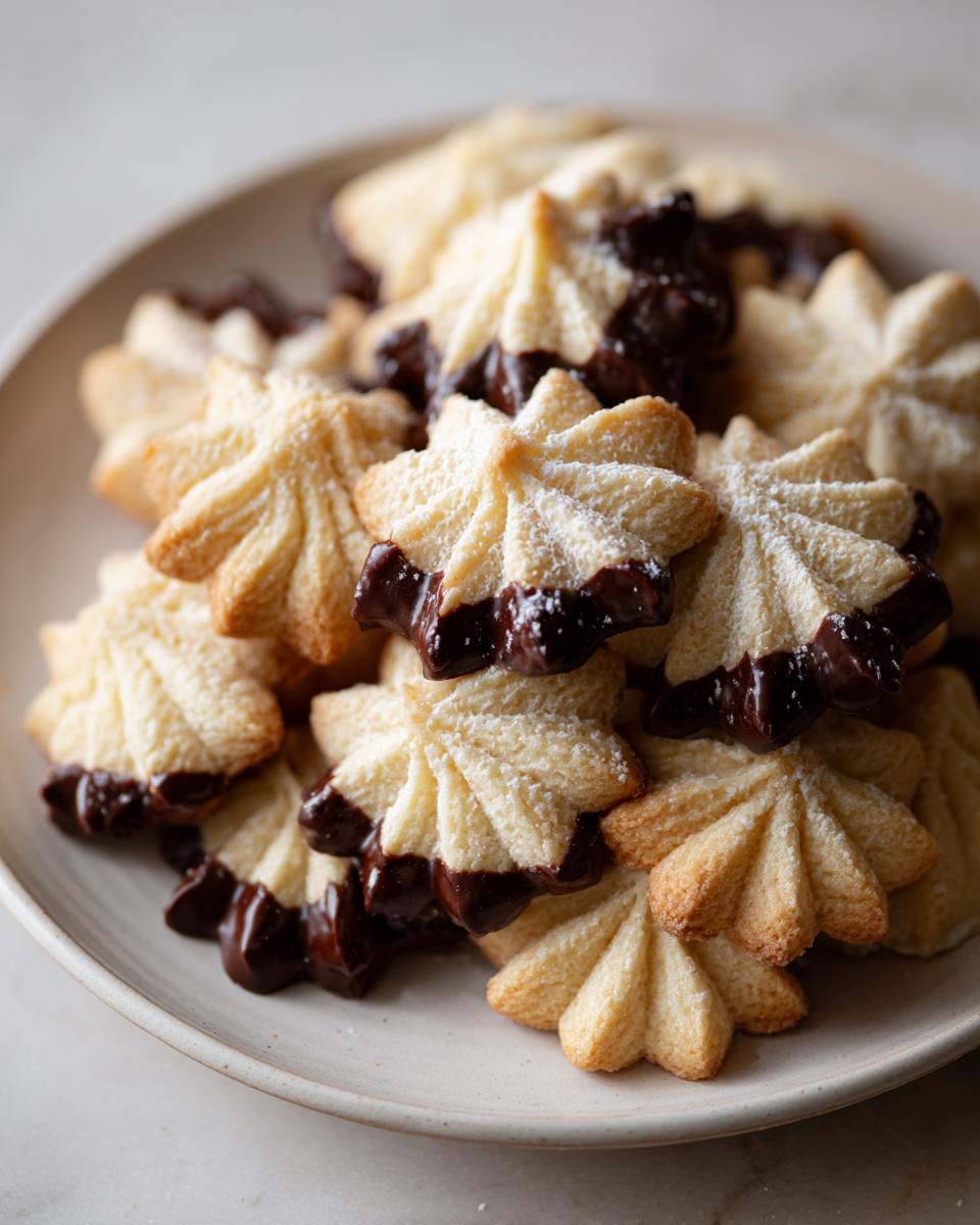 A close-up of star-shaped Italian butter cookies dipped in dark chocolate and dusted with powdered sugar.
