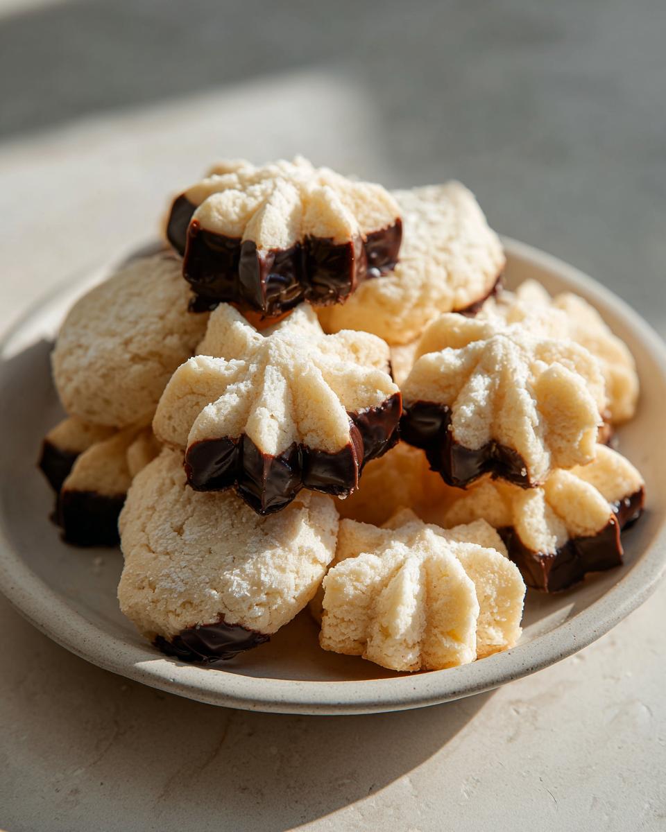 A pile of freshly baked Italian butter cookies, piped into star shapes and dipped in dark chocolate, sitting on a light plate.