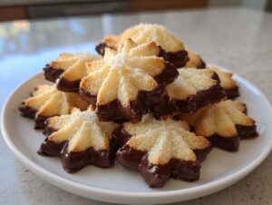 A stack of star-shaped Italian butter cookies, dipped in dark chocolate, piled on a white plate.