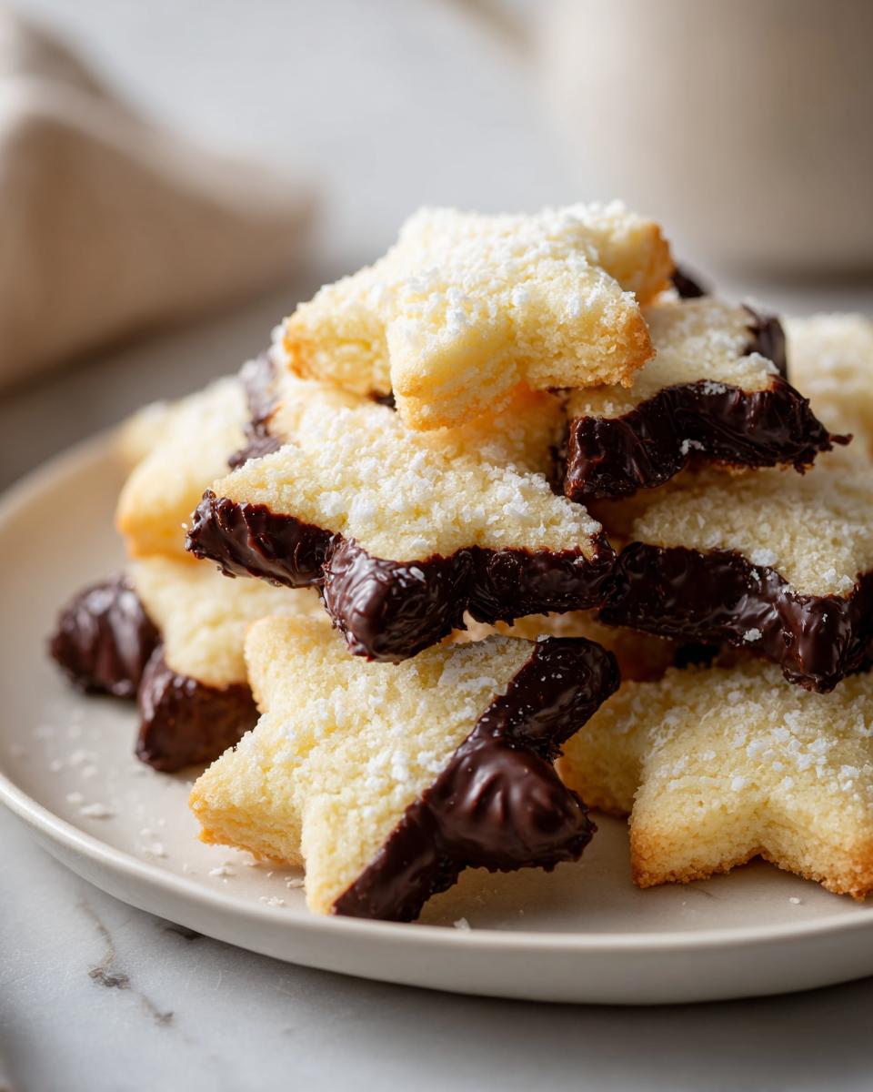 A stack of star-shaped Italian butter cookies, dusted with sugar and dipped in dark chocolate.