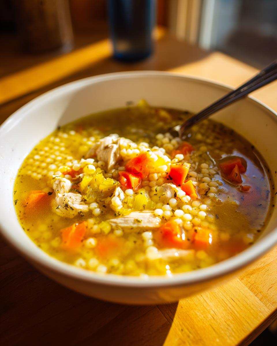 Close-up of a bowl of hot italian penicillin soup featuring small pasta pearls, shredded chicken, and diced carrots.