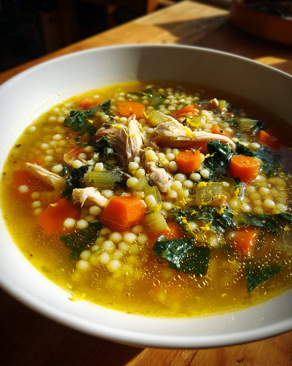Close-up of a white bowl filled with vibrant Italian penicillin soup, featuring shredded chicken, acini di pepe pasta, carrots, and greens.