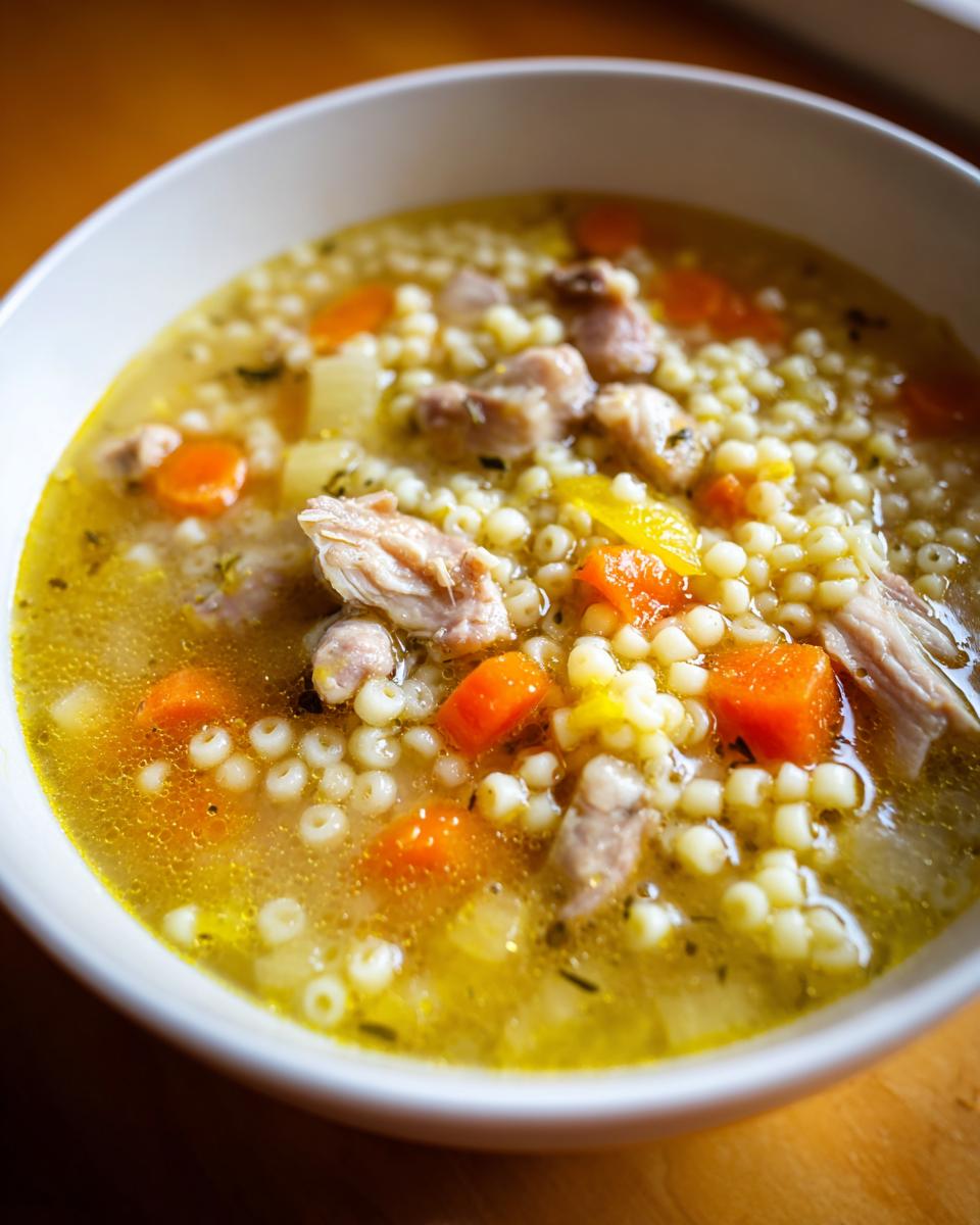 Close-up of a bowl of Italian penicillin soup featuring small pasta, shredded chicken, and bright orange carrots in a rich broth.