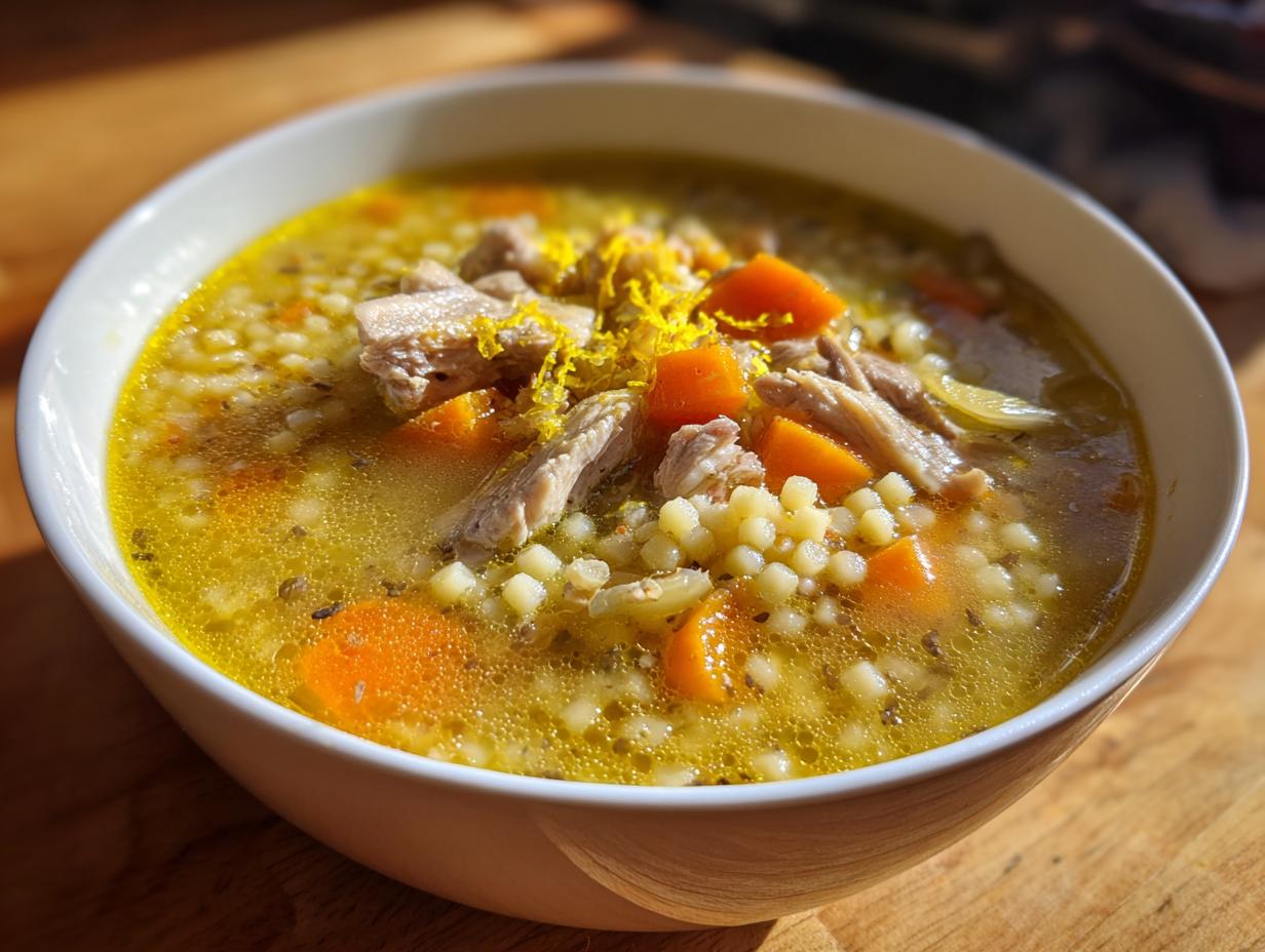 Close-up of a white bowl filled with Italian penicillin soup, featuring broth, small pasta pearls, shredded chicken, carrots, and lemon zest.
