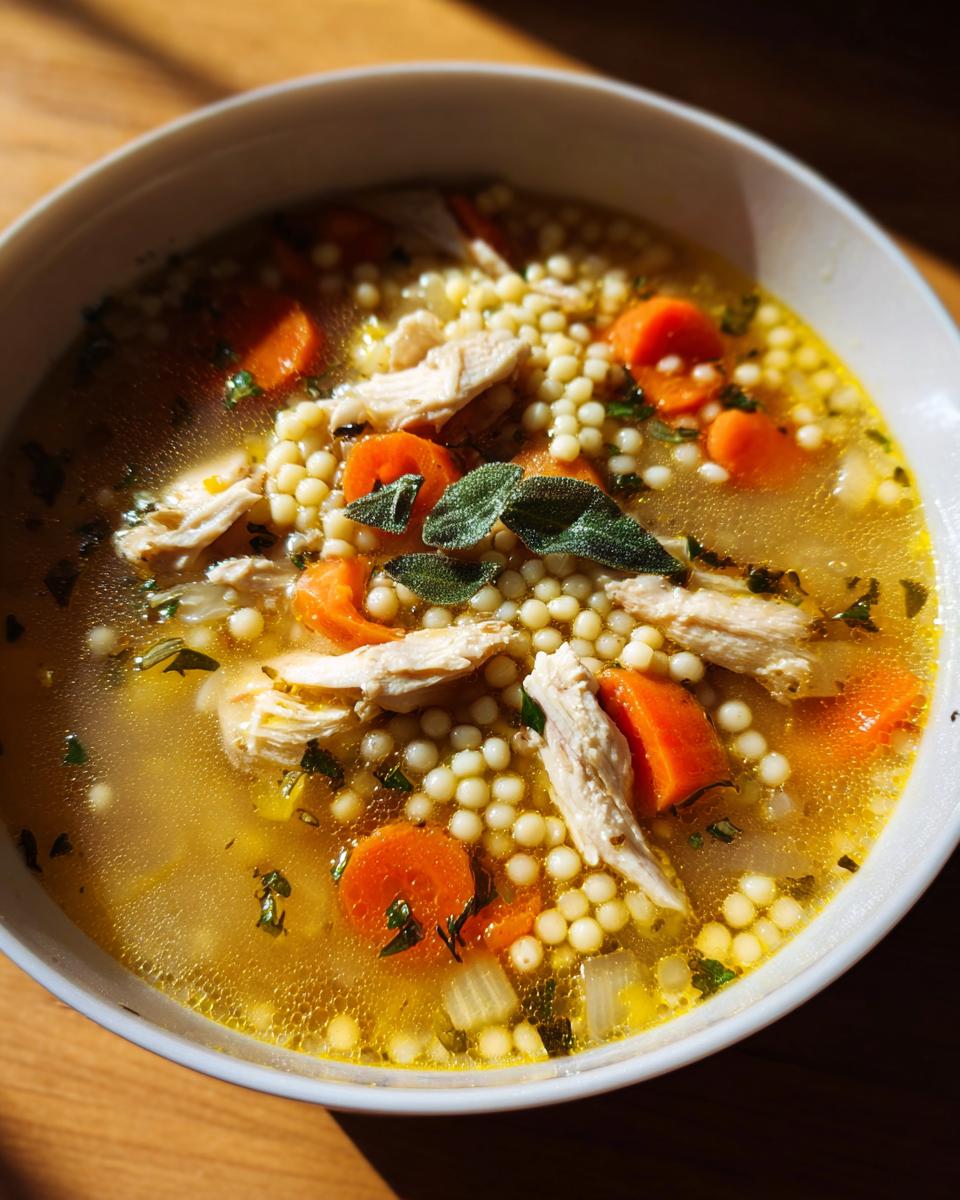 A close-up of a warm bowl of italian penicillin soup featuring shredded chicken, bright orange carrots, and small pearl pasta.