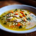 A close-up of a bowl of comforting italian penicillin soup featuring small pasta, shredded chicken, carrots, and lemon zest.