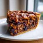 A close-up, appetizing slice of mincemeat pie showing rich, dark fruit filling and a flaky crust.