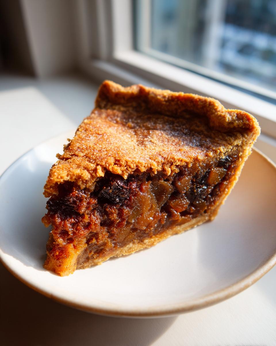 A close-up of a single slice of rich, dark mincemeat pie sitting on a white plate near a window.