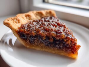 Close-up of a rich, dark slice of mincemeat pie resting on a white plate near a window.