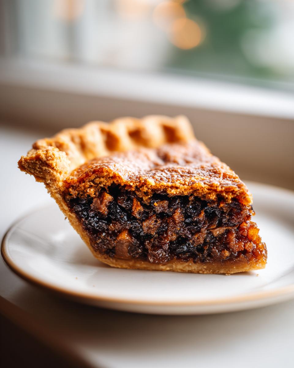A close-up of a rich, dark slice of mincemeat pie showing the fruit filling and flaky crust, dusted with sugar.