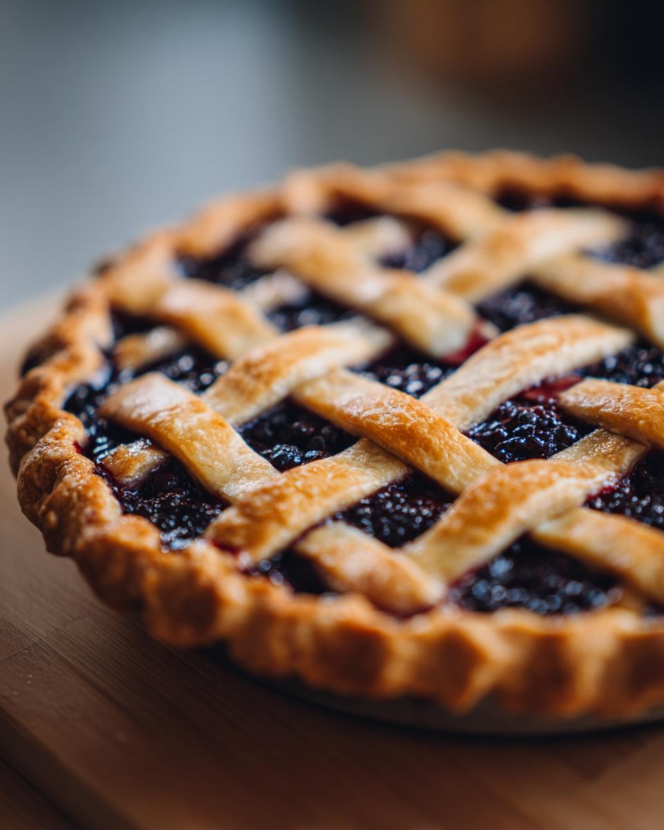 Close-up of a freshly baked blackberry pie featuring a golden brown lattice crust over dark, juicy filling.