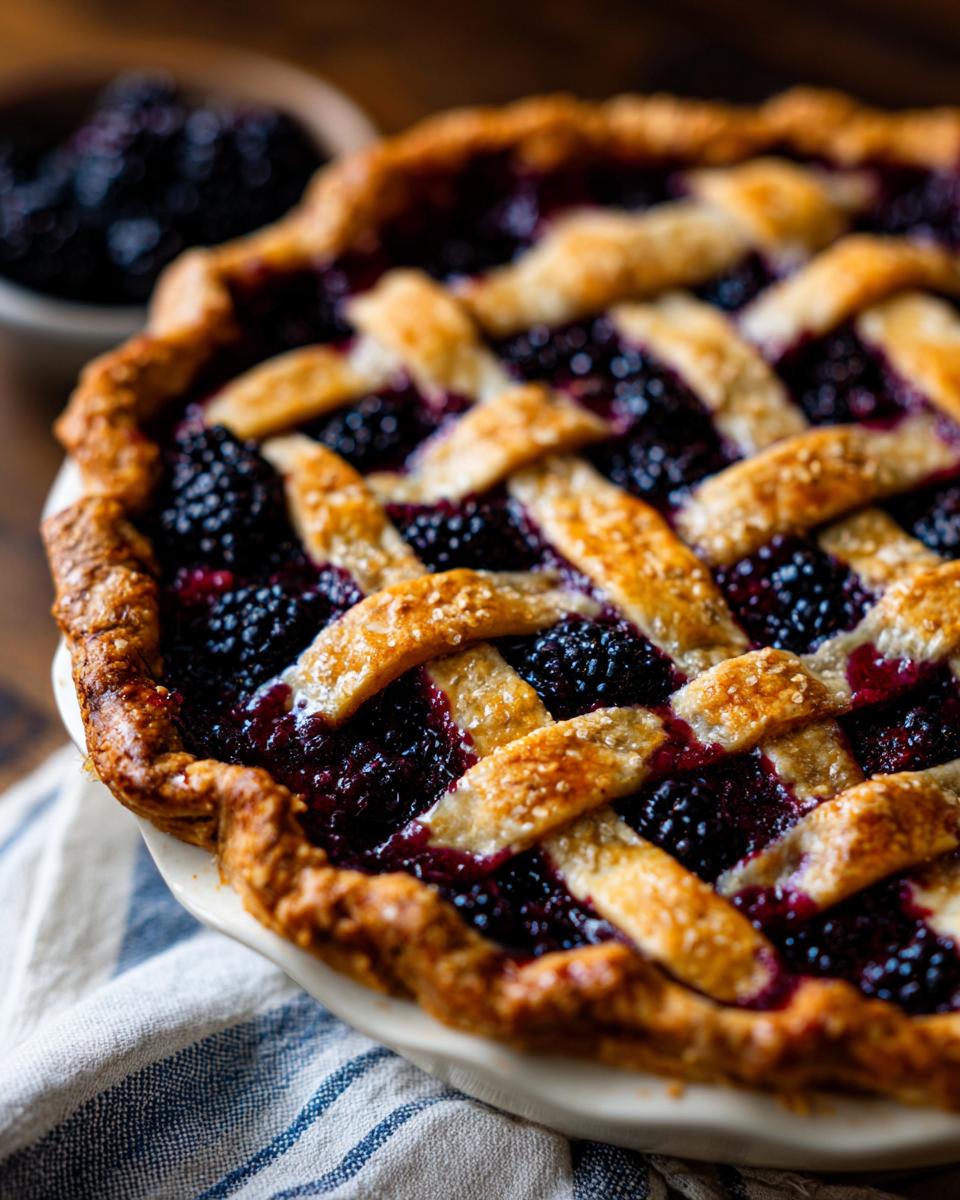 Close-up of a freshly baked blackberry pie with a golden lattice crust sprinkled with sugar.