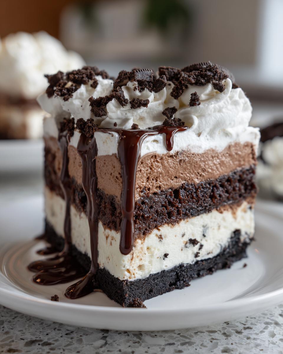 A tall, layered slice of chocolate ice cream cake topped with whipped cream, cookie crumbles, and rich chocolate fudge drizzle.