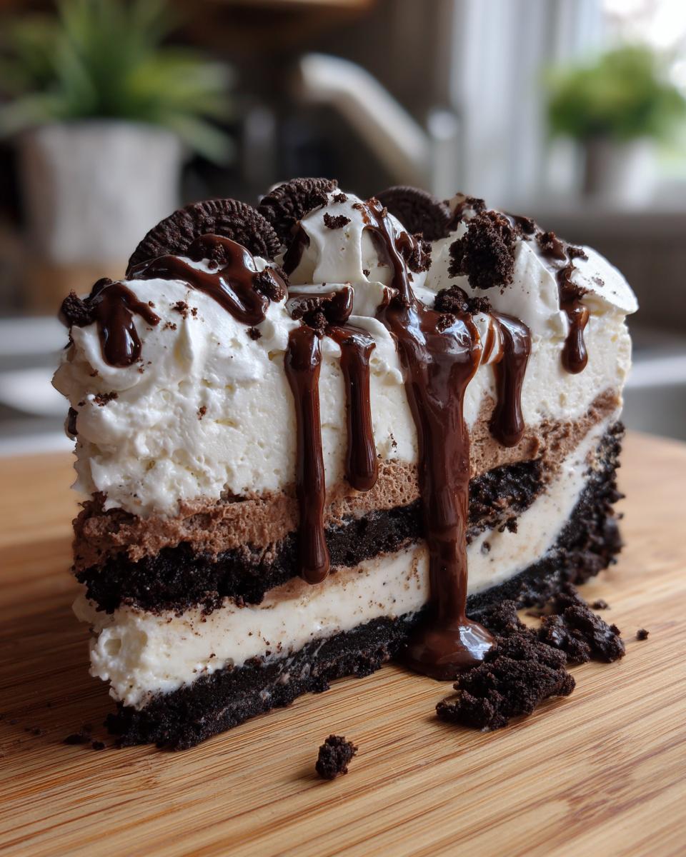 A tall, layered slice of rich ice cream cake featuring dark chocolate crusts, white and brown mousse layers, topped with whipped cream and chocolate fudge.