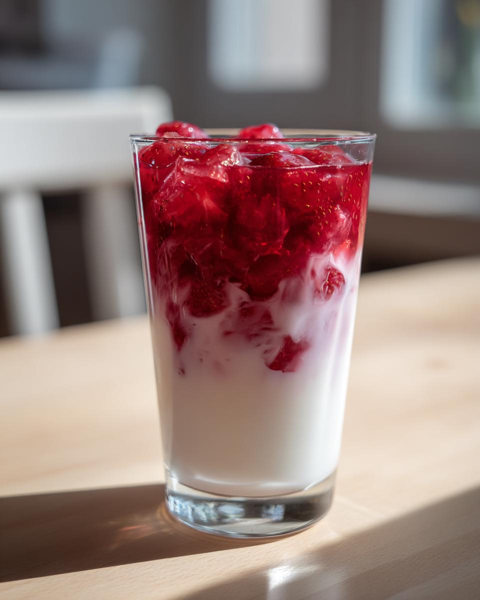 A tall glass showing layers of white milk and bright red strawberry syrup and fruit pieces, making homemade strawberry milk.