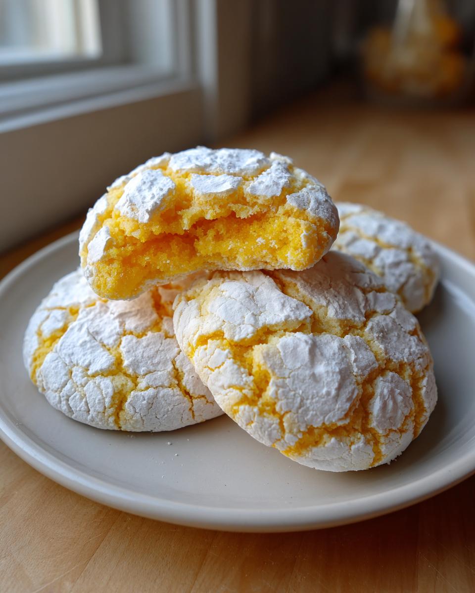 A stack of bright yellow lemon crinkle cookies coated in white powdered sugar, with one cookie broken open showing the soft interior.