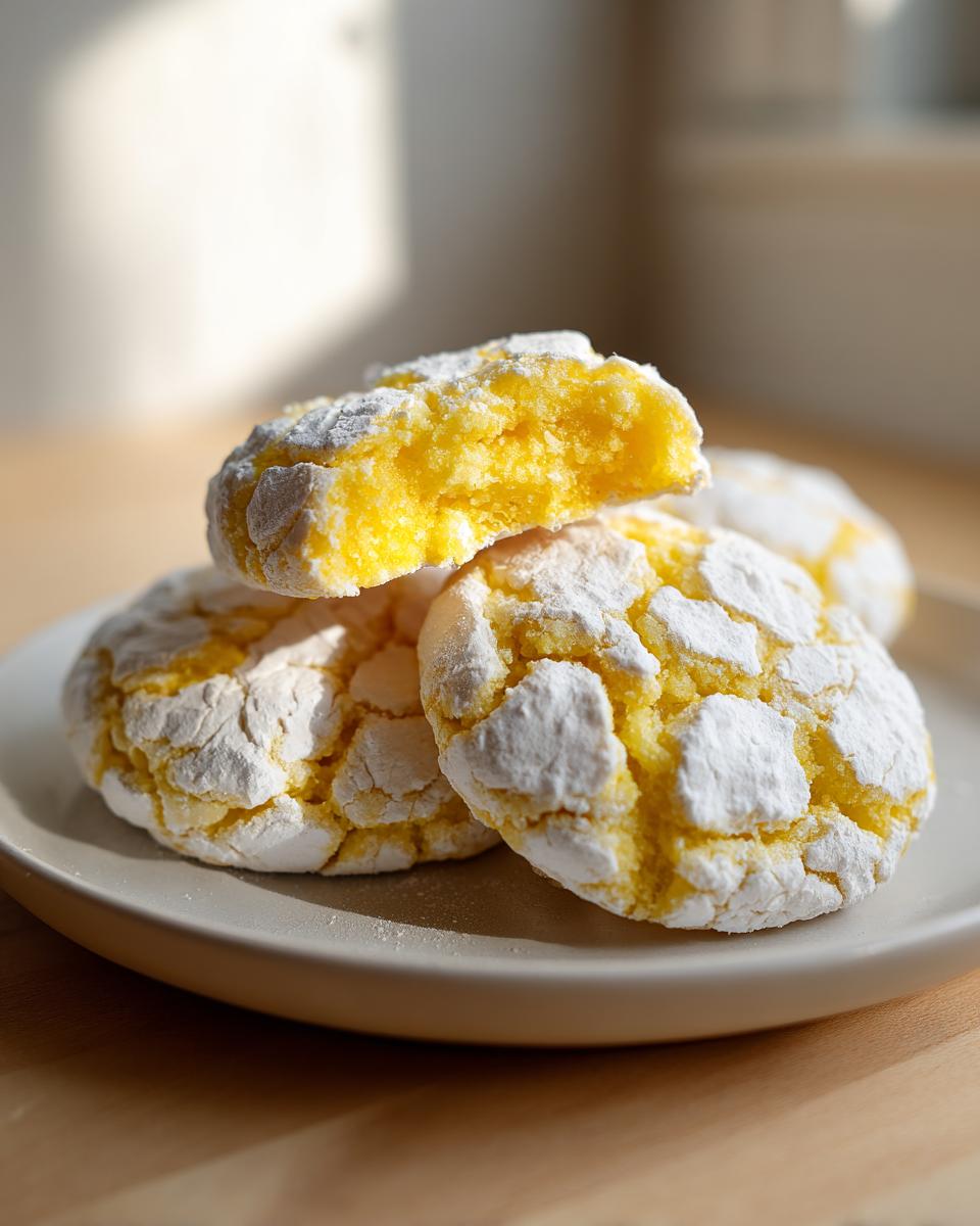 Close-up of bright yellow lemon crinkle cookies heavily dusted with powdered sugar, one cookie broken open to show the soft interior.