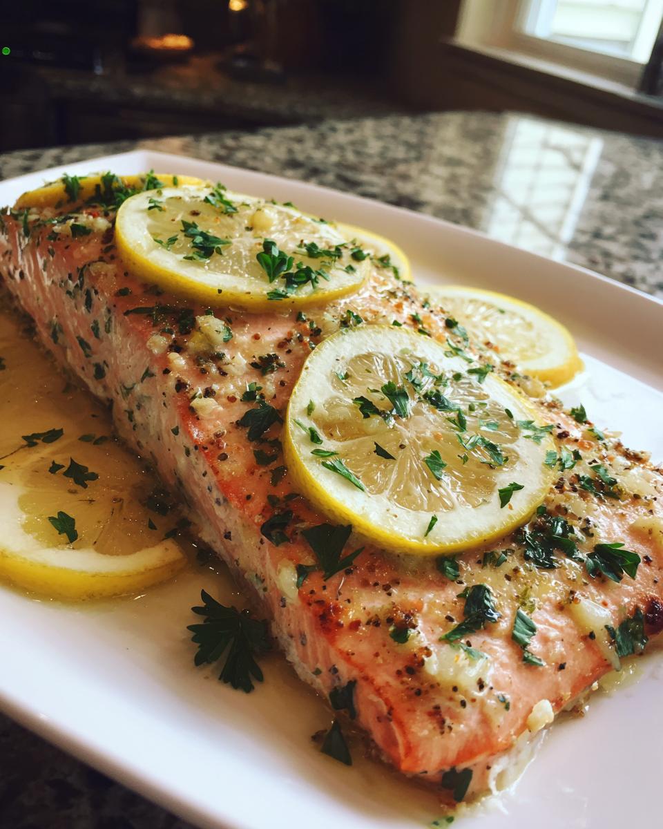 A beautifully baked salmon recipe fillet topped with lemon slices, fresh parsley, and garlic butter sauce.