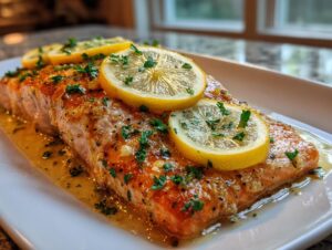Close-up of a glistening, pan-seared salmon recipe fillet topped with lemon slices and fresh parsley.