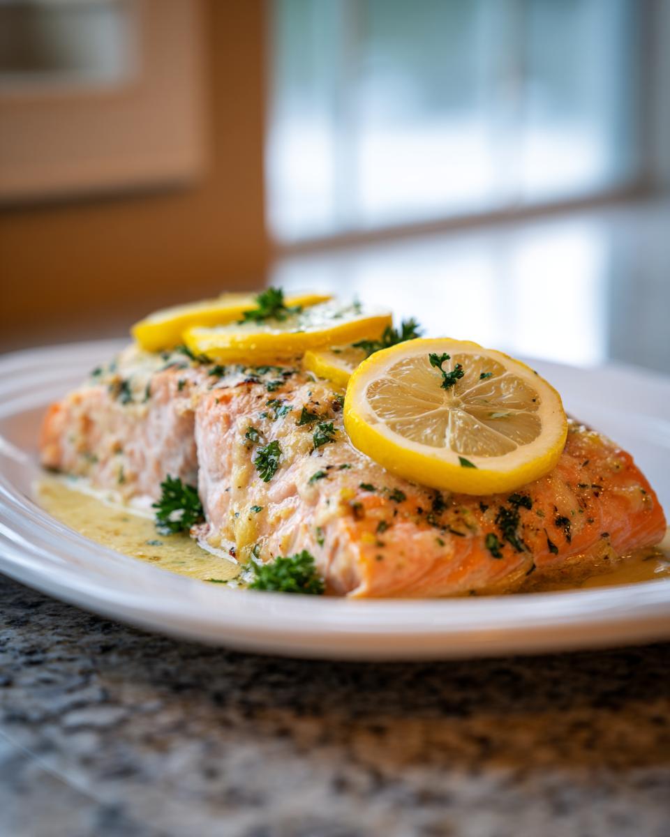 Two perfectly cooked salmon recipe fillets topped with a creamy sauce, fresh parsley, and lemon slices.