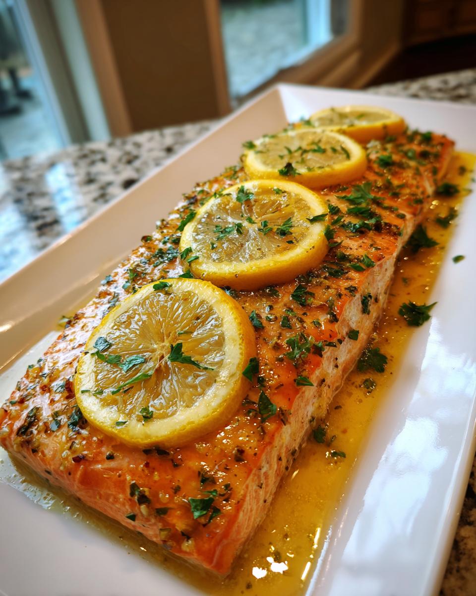 A beautifully cooked salmon recipe fillet glazed with butter sauce, topped with fresh lemon slices and parsley.
