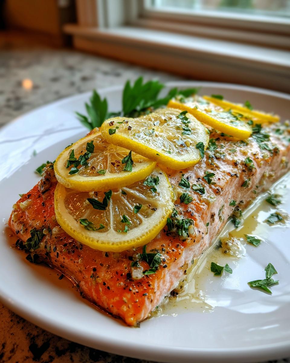 A perfectly cooked salmon recipe fillet topped with bright lemon slices, fresh parsley, and garlic butter sauce.