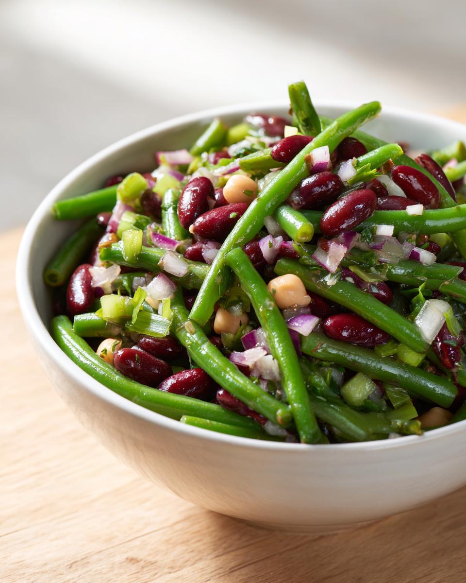 Close-up of a vibrant bean salad featuring green beans, kidney beans, and chickpeas in a white bowl.
