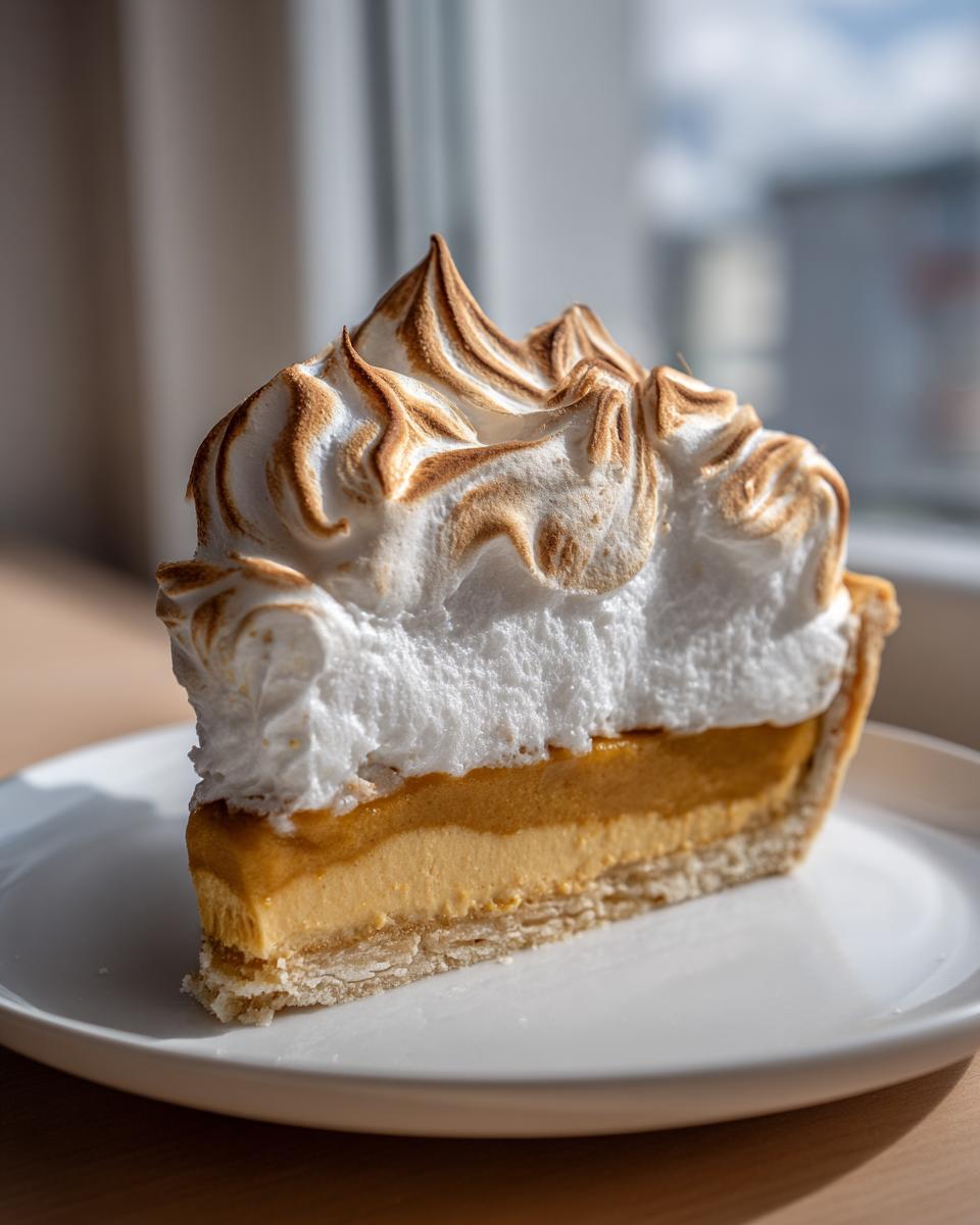 A tall slice of butterscotch pie with a thick layer of toasted meringue topping, served on a white plate.