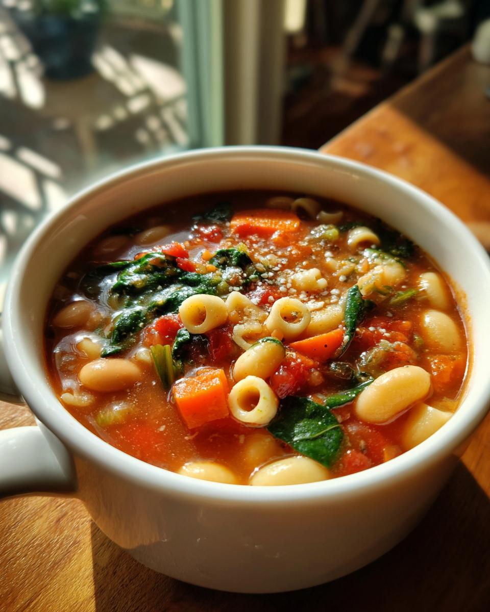 Close-up of a white mug filled with rich minestrone soup, showing cannellini beans, carrots, spinach, and pasta.