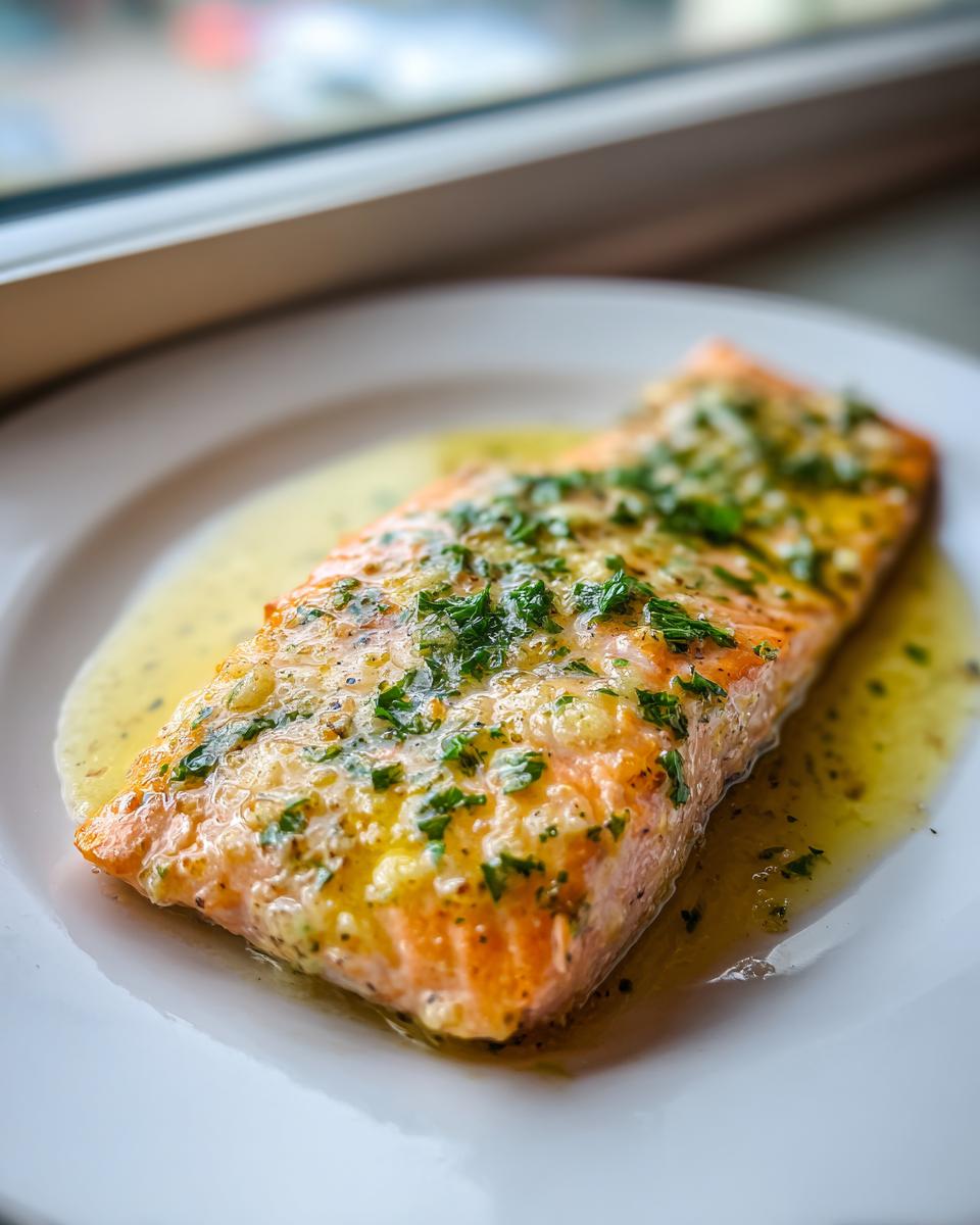 Close-up of a perfectly cooked baked salmon recipe fillet topped with melted butter and fresh parsley.