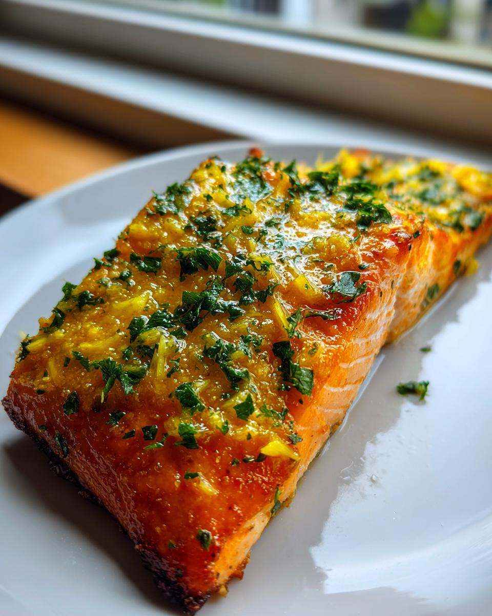 Close-up of a perfectly cooked baked salmon recipe fillet topped with a bright yellow glaze and fresh parsley.