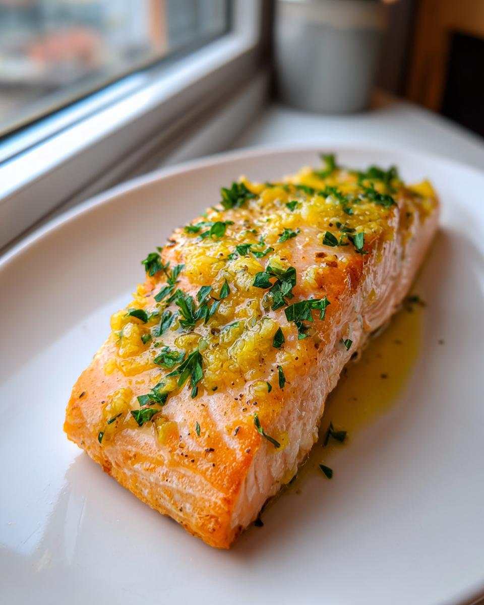 A single, moist fillet from a baked salmon recipe topped with a bright yellow lemon-garlic glaze and fresh parsley.