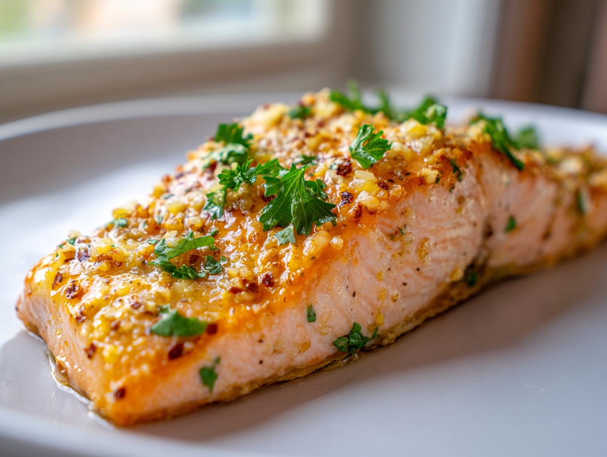 Close-up of a perfectly cooked baked salmon recipe fillet with a glistening garlic and herb crust on a white plate.
