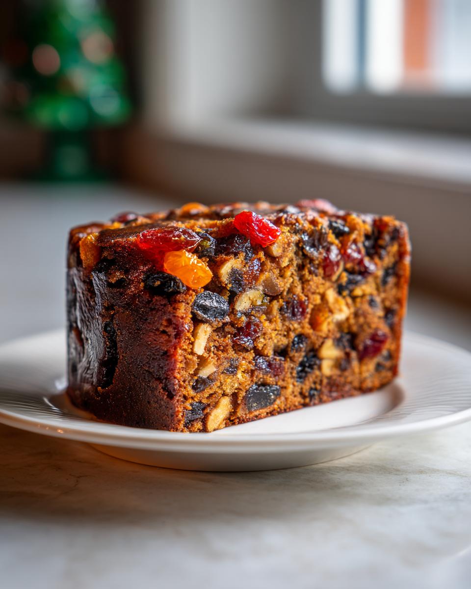 Close-up of a thick slice of moist fruit cake recipe packed with nuts and dried cherries on a white plate.