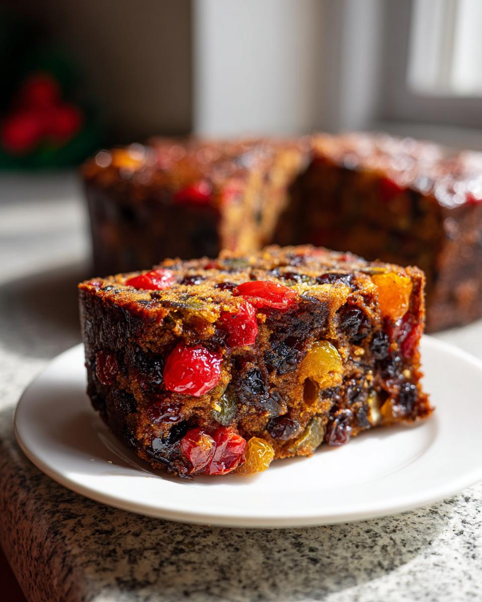 Close-up of a rich, moist slice of fruit cake recipe loaded with colorful candied cherries and dried fruits on a white plate.