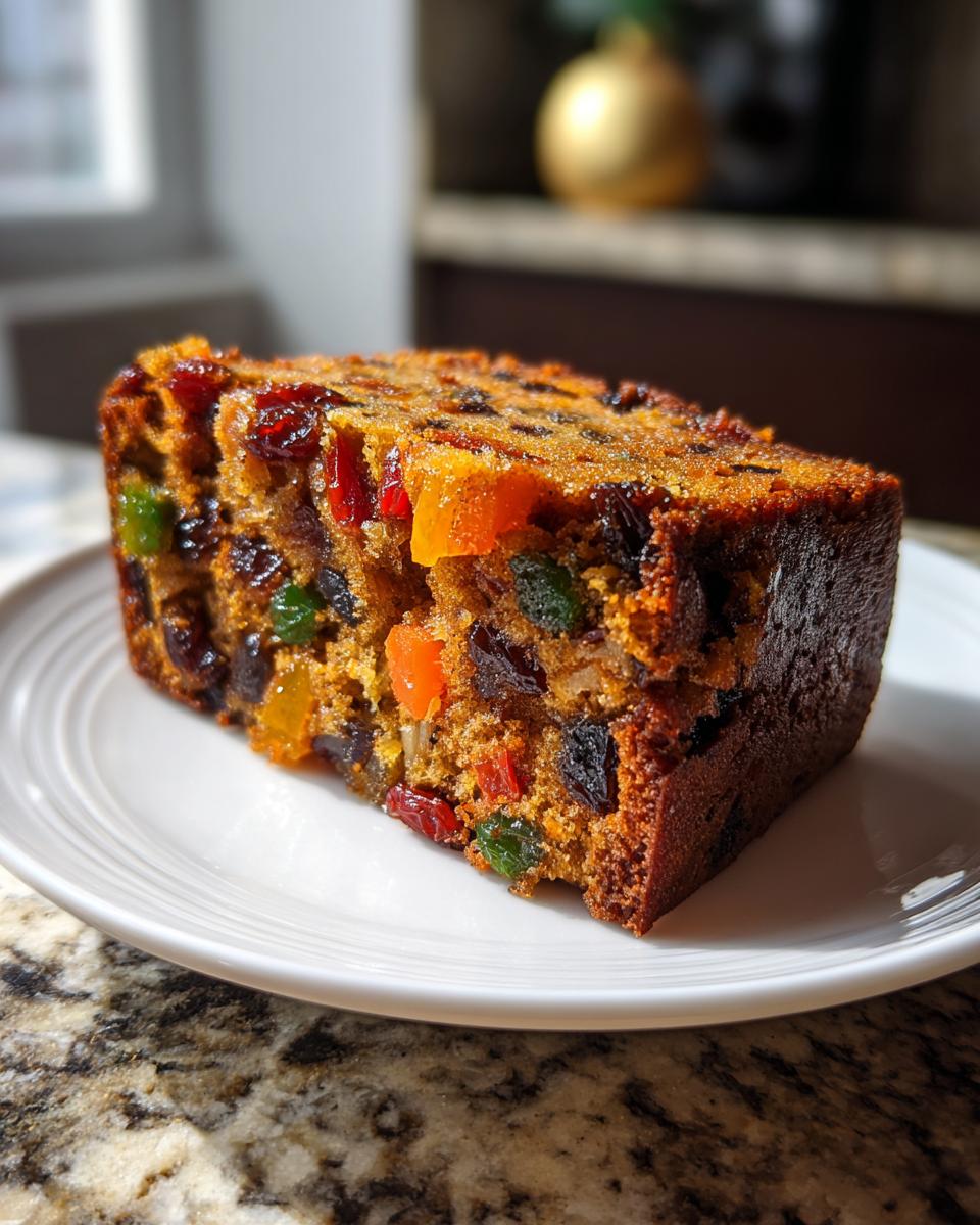 Close-up of a thick slice of moist fruit cake recipe packed with colorful candied and dried fruits.